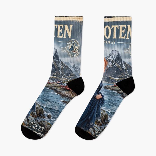 Item preview,  Norway Lofoten Islands with a Mysterious Redhead Traveler in an Elegant Navy Dress, Dramatic Mountains and Nordic Coastal Landscape designed and sold by DibujandoPorfa.