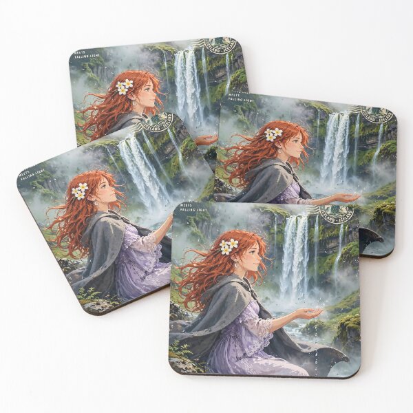 Item preview, Iceland Seljalandsfoss Waterfall with a Delicate Redhead Traveler in a Lavender Dress, Misty Green Landscape and Magical Nordic Scenery designed and sold by DibujandoPorfa.