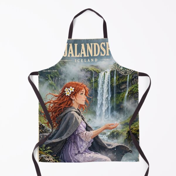 Item preview, Iceland Seljalandsfoss Waterfall with a Delicate Redhead Traveler in a Lavender Dress, Misty Green Landscape and Magical Nordic Scenery designed and sold by DibujandoPorfa.