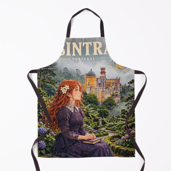 Item preview, Portugal Sintra Pena Palace with an Elegant Redhead Traveler in a Victorian Purple Dress, Enchanted Forest and Romantic Fairytale Landscape designed and sold by DibujandoPorfa.