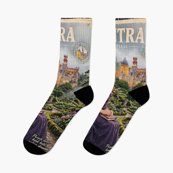 Item preview, Portugal Sintra Pena Palace with an Elegant Redhead Traveler in a Victorian Purple Dress, Enchanted Forest and Romantic Fairytale Landscape designed and sold by DibujandoPorfa.