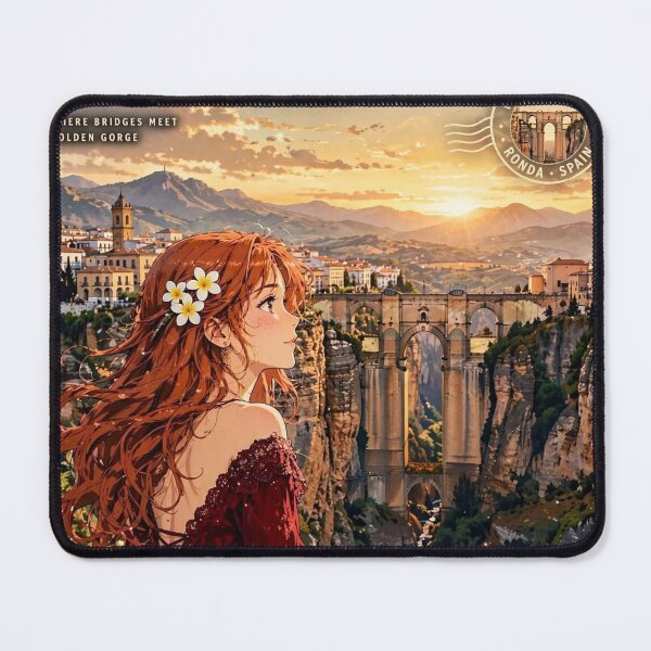 Item preview, Spain Ronda with a Graceful Redhead Traveler in an Elegant Dark Red Dress, Historic Stone Bridge and Breathtaking Mountain Landscape designed and sold by DibujandoPorfa.