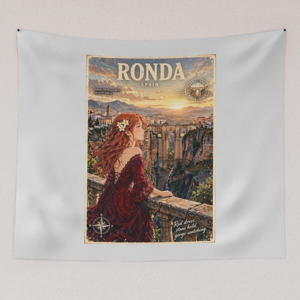 Item preview, Spain Ronda with a Graceful Redhead Traveler in an Elegant Dark Red Dress, Historic Stone Bridge and Breathtaking Mountain Landscape designed and sold by DibujandoPorfa.
