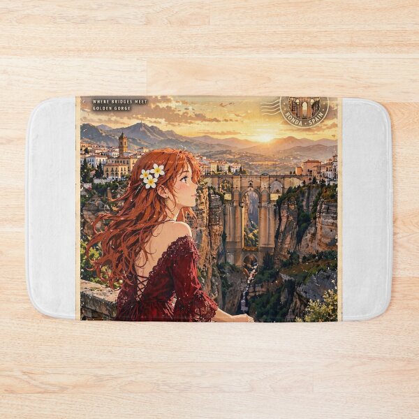 Item preview, Spain Ronda with a Graceful Redhead Traveler in an Elegant Dark Red Dress, Historic Stone Bridge and Breathtaking Mountain Landscape designed and sold by DibujandoPorfa.