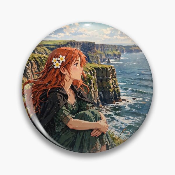 Item preview, Ireland Cliffs of Moher with a Melancholic Redhead Traveler in an Elegant Dark Green Dress, Dramatic Atlantic Ocean and Wild Coastal Landscape designed and sold by DibujandoPorfa.