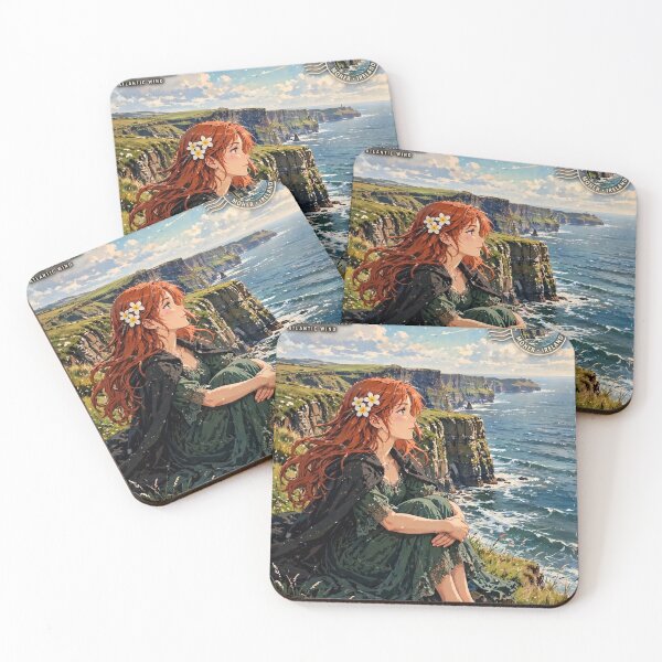 Item preview, Ireland Cliffs of Moher with a Melancholic Redhead Traveler in an Elegant Dark Green Dress, Dramatic Atlantic Ocean and Wild Coastal Landscape designed and sold by DibujandoPorfa.