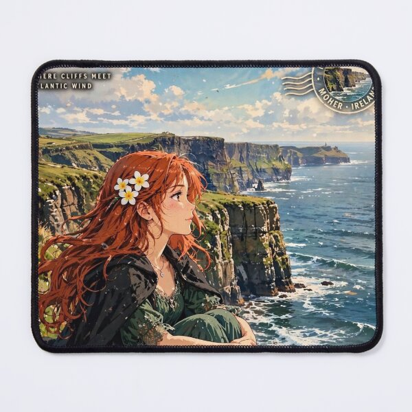Item preview, Ireland Cliffs of Moher with a Melancholic Redhead Traveler in an Elegant Dark Green Dress, Dramatic Atlantic Ocean and Wild Coastal Landscape designed and sold by DibujandoPorfa.