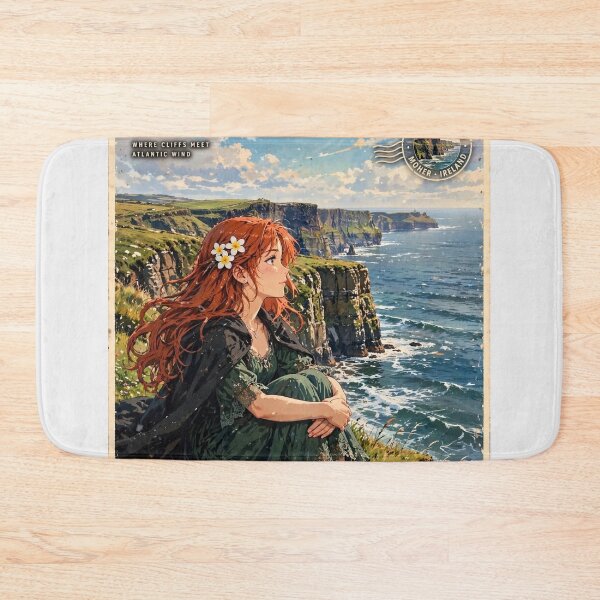 Item preview, Ireland Cliffs of Moher with a Melancholic Redhead Traveler in an Elegant Dark Green Dress, Dramatic Atlantic Ocean and Wild Coastal Landscape designed and sold by DibujandoPorfa.