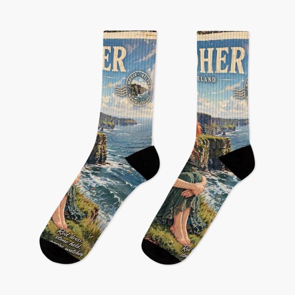 Item preview, Ireland Cliffs of Moher with a Melancholic Redhead Traveler in an Elegant Dark Green Dress, Dramatic Atlantic Ocean and Wild Coastal Landscape designed and sold by DibujandoPorfa.