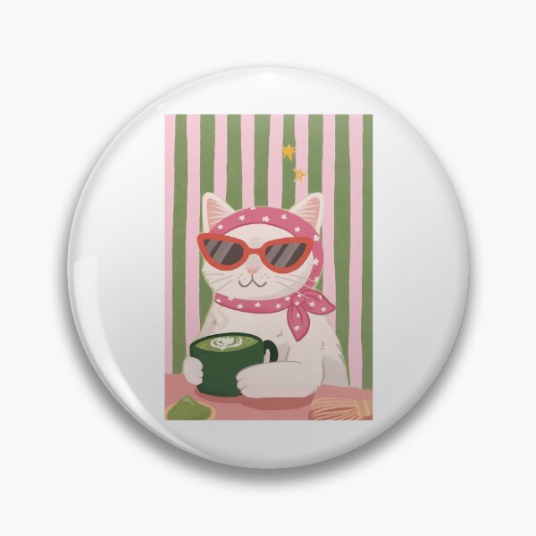 Item preview, Preppy White Cat Drinking Matcha Latte in Pink Bandana designed and sold by Krasnovaovaova.