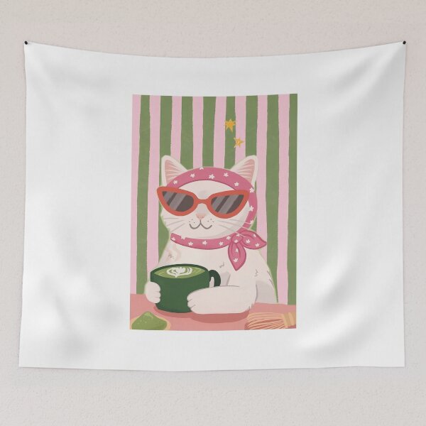 Item preview, Preppy White Cat Drinking Matcha Latte in Pink Bandana designed and sold by Krasnovaovaova.