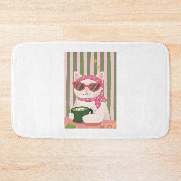 Item preview, Preppy White Cat Drinking Matcha Latte in Pink Bandana designed and sold by Krasnovaovaova.
