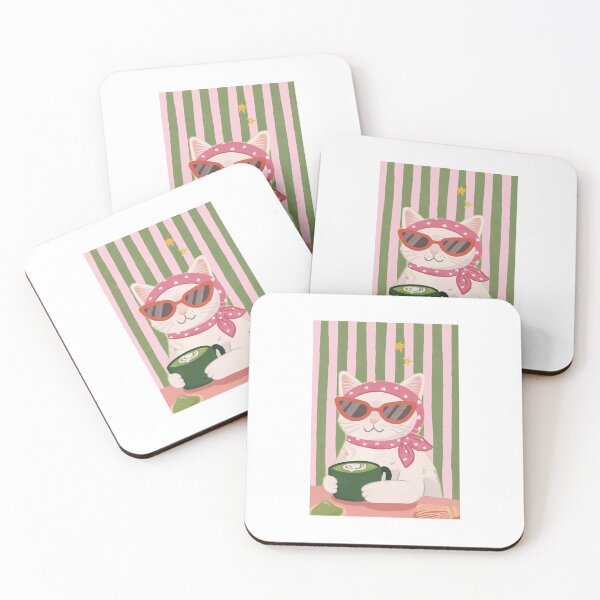 Item preview, Preppy White Cat Drinking Matcha Latte in Pink Bandana designed and sold by Krasnovaovaova.