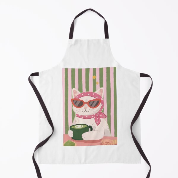 Item preview, Preppy White Cat Drinking Matcha Latte in Pink Bandana designed and sold by Krasnovaovaova.
