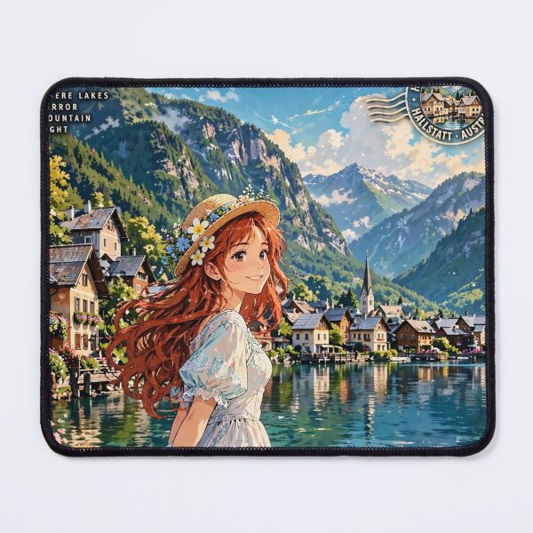 Item preview, Austria Hallstatt with a Sweet Redhead Traveler in a Romantic Blue and White Dress, Peaceful Alpine Lake and Charming Mountain Village designed and sold by DibujandoPorfa.