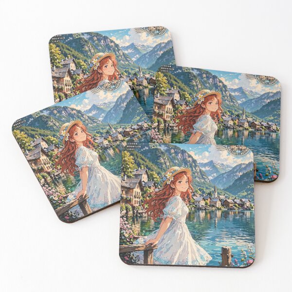 Item preview, Austria Hallstatt with a Sweet Redhead Traveler in a Romantic Blue and White Dress, Peaceful Alpine Lake and Charming Mountain Village designed and sold by DibujandoPorfa.