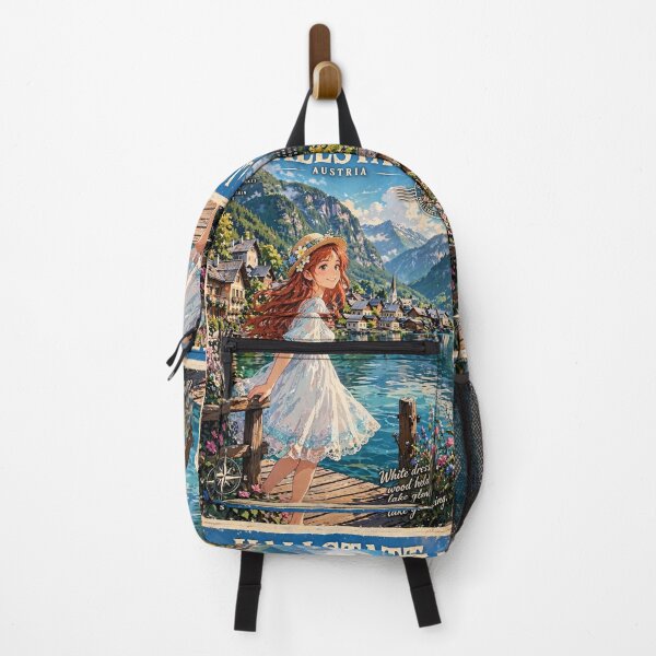 Artikelvorschau, Österreich, Hallstatt: Eine charmante rothaarige Reisende in einem romantischen blau-weißen Kleid, ein friedlicher Alpensee und ein bezauberndes Bergdorf. entworfen und verkauft von DibujandoPorfa.