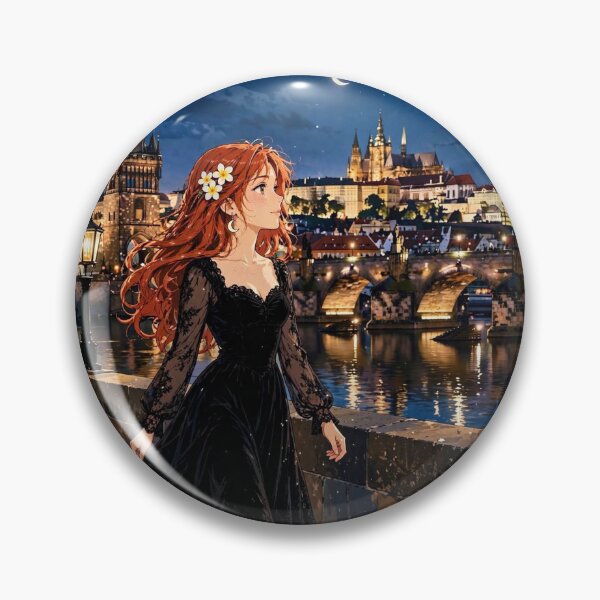Item preview, Czech Republic Prague Charles Bridge with a Beautiful Redhead Traveler in Elegant Gothic Velvet Dress, Magical Night City and Historic European Landscape designed and sold by DibujandoPorfa.
