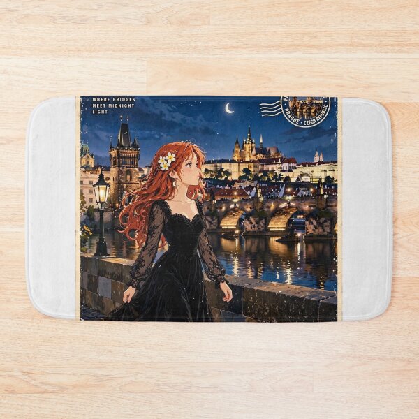 Item preview, Czech Republic Prague Charles Bridge with a Beautiful Redhead Traveler in Elegant Gothic Velvet Dress, Magical Night City and Historic European Landscape designed and sold by DibujandoPorfa.