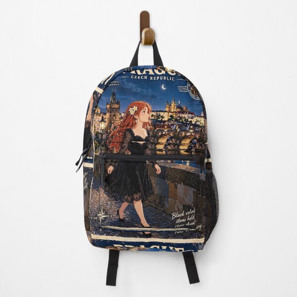 Item preview, Czech Republic Prague Charles Bridge with a Beautiful Redhead Traveler in Elegant Gothic Velvet Dress, Magical Night City and Historic European Landscape designed and sold by DibujandoPorfa.