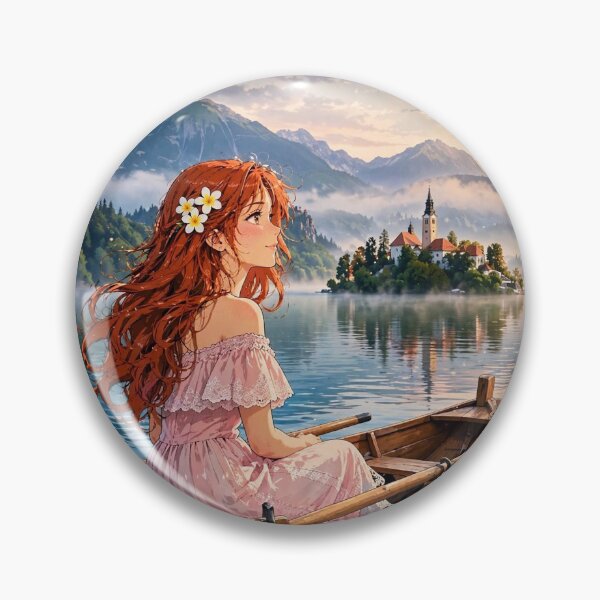 Item preview, Slovenia Lake Bled with a Dreamy Redhead Traveler in a Romantic Pink Dress, Misty Alpine Lake and Magical Island Church Landscape designed and sold by DibujandoPorfa.