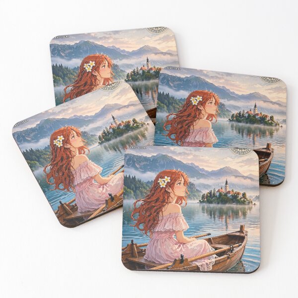 Item preview, Slovenia Lake Bled with a Dreamy Redhead Traveler in a Romantic Pink Dress, Misty Alpine Lake and Magical Island Church Landscape designed and sold by DibujandoPorfa.