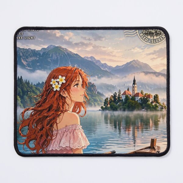 Item preview, Slovenia Lake Bled with a Dreamy Redhead Traveler in a Romantic Pink Dress, Misty Alpine Lake and Magical Island Church Landscape designed and sold by DibujandoPorfa.