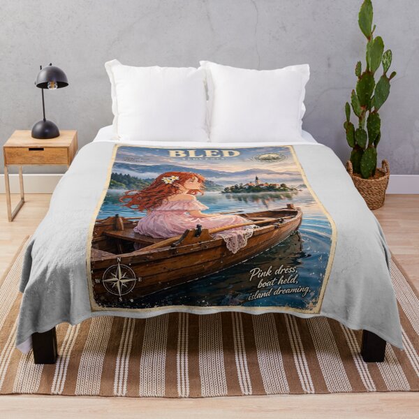 Item preview, Slovenia Lake Bled with a Dreamy Redhead Traveler in a Romantic Pink Dress, Misty Alpine Lake and Magical Island Church Landscape designed and sold by DibujandoPorfa.