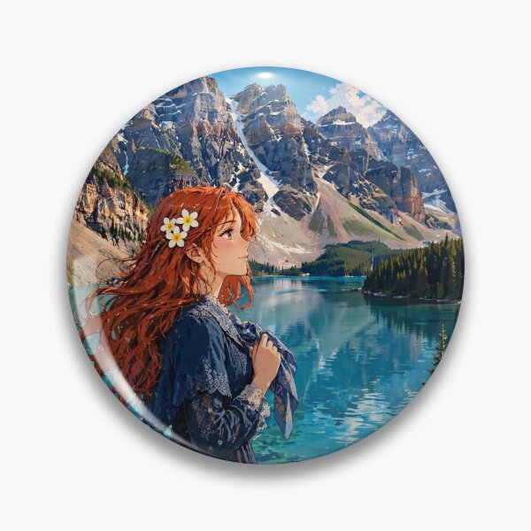 Item preview, Canada Moraine Lake with an Elegant Redhead Traveler in a Deep Blue Dress, Turquoise Alpine Water and Majestic Rocky Mountain Landscape designed and sold by DibujandoPorfa.