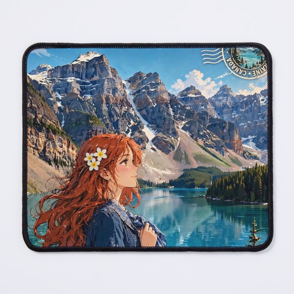 Item preview, Canada Moraine Lake with an Elegant Redhead Traveler in a Deep Blue Dress, Turquoise Alpine Water and Majestic Rocky Mountain Landscape designed and sold by DibujandoPorfa.