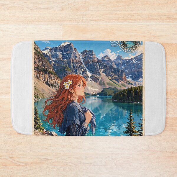 Item preview, Canada Moraine Lake with an Elegant Redhead Traveler in a Deep Blue Dress, Turquoise Alpine Water and Majestic Rocky Mountain Landscape designed and sold by DibujandoPorfa.