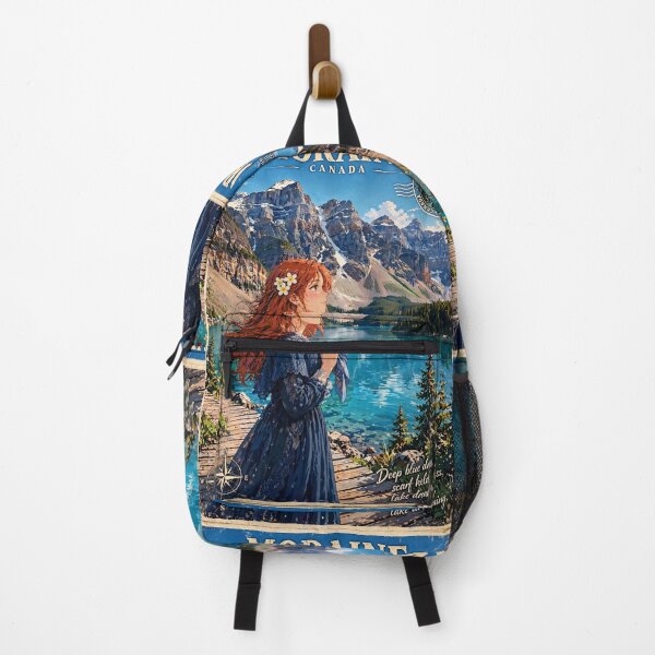 Item preview, Canada Moraine Lake with an Elegant Redhead Traveler in a Deep Blue Dress, Turquoise Alpine Water and Majestic Rocky Mountain Landscape designed and sold by DibujandoPorfa.