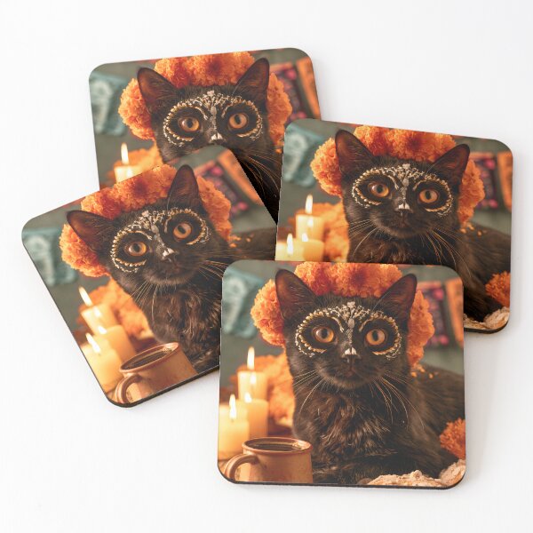 Item preview, Elegant Black Cat with Marigold Crown and Coffee designed and sold by Purrista Studio.