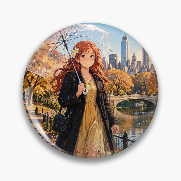 Item preview, United States New York Central Park with a Playful Redhead Traveler in an Elegant Black Coat, Golden Autumn Trees and Romantic City Landscape designed and sold by DibujandoPorfa.