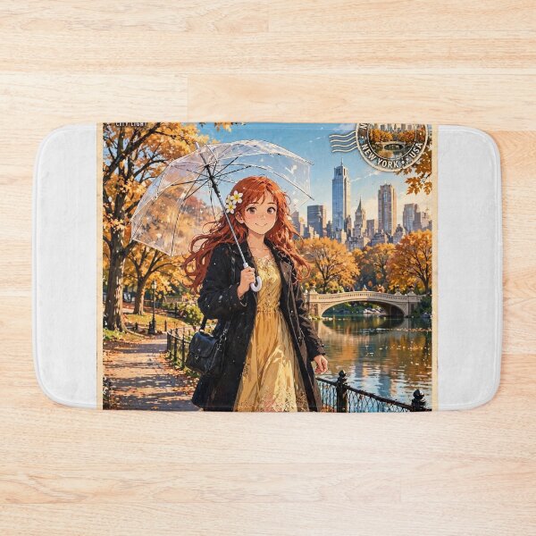 Item preview, United States New York Central Park with a Playful Redhead Traveler in an Elegant Black Coat, Golden Autumn Trees and Romantic City Landscape designed and sold by DibujandoPorfa.