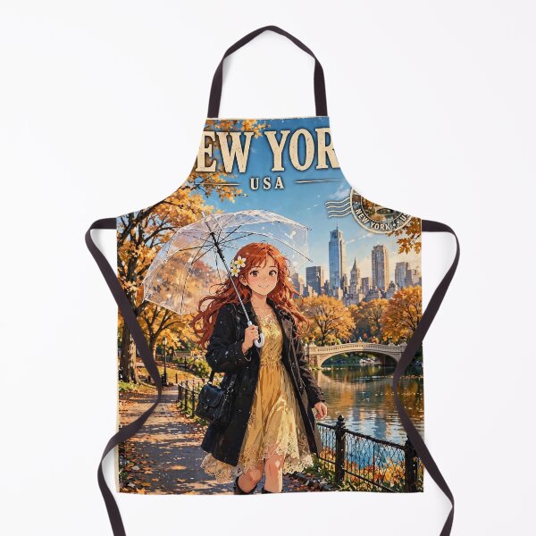 Item preview, United States New York Central Park with a Playful Redhead Traveler in an Elegant Black Coat, Golden Autumn Trees and Romantic City Landscape designed and sold by DibujandoPorfa.
