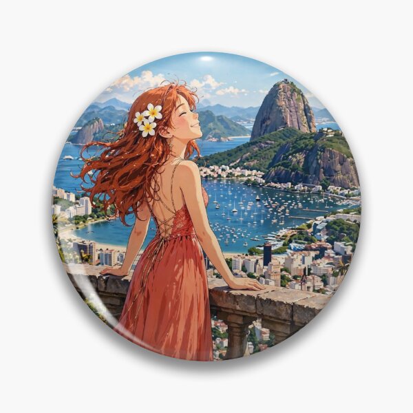 Item preview, Brazil Rio de Janeiro with a Radiant Redhead Traveler in a Coral Dress, Ocean View and Breathtaking Tropical Mountain City Landscape designed and sold by DibujandoPorfa.