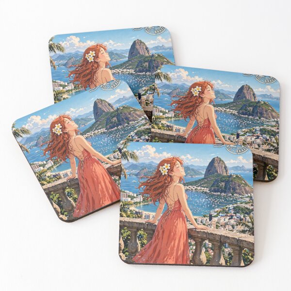 Item preview, Brazil Rio de Janeiro with a Radiant Redhead Traveler in a Coral Dress, Ocean View and Breathtaking Tropical Mountain City Landscape designed and sold by DibujandoPorfa.
