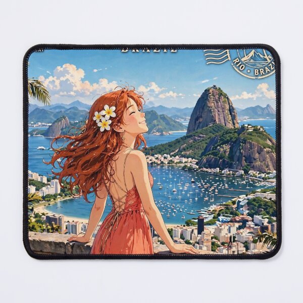 Item preview, Brazil Rio de Janeiro with a Radiant Redhead Traveler in a Coral Dress, Ocean View and Breathtaking Tropical Mountain City Landscape designed and sold by DibujandoPorfa.