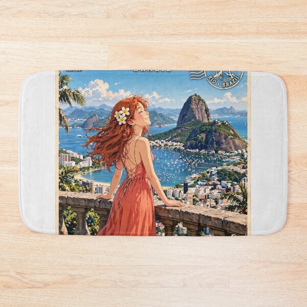 Item preview, Brazil Rio de Janeiro with a Radiant Redhead Traveler in a Coral Dress, Ocean View and Breathtaking Tropical Mountain City Landscape designed and sold by DibujandoPorfa.