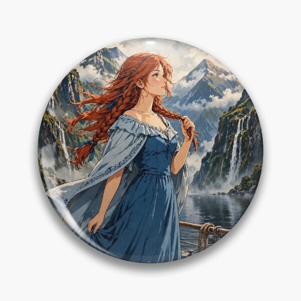 Item preview, New Zealand Milford Sound with a Graceful Redhead Traveler in a Deep Blue Dress, Majestic Fjords, Waterfalls and Dramatic Ocean Landscape designed and sold by DibujandoPorfa.