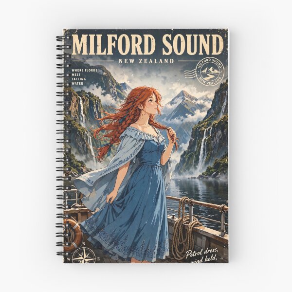 Item preview, New Zealand Milford Sound with a Graceful Redhead Traveler in a Deep Blue Dress, Majestic Fjords, Waterfalls and Dramatic Ocean Landscape designed and sold by DibujandoPorfa.
