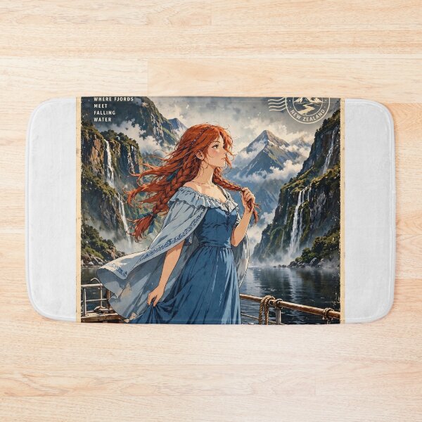 Item preview, New Zealand Milford Sound with a Graceful Redhead Traveler in a Deep Blue Dress, Majestic Fjords, Waterfalls and Dramatic Ocean Landscape designed and sold by DibujandoPorfa.
