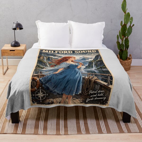 Item preview, New Zealand Milford Sound with a Graceful Redhead Traveler in a Deep Blue Dress, Majestic Fjords, Waterfalls and Dramatic Ocean Landscape designed and sold by DibujandoPorfa.