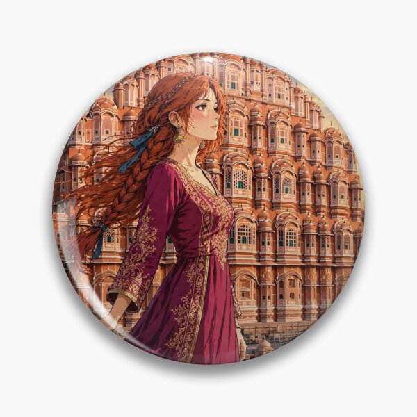 Item preview, India Jaipur Hawa Mahal with a Graceful Redhead Traveler in an Elegant Magenta Dress, Golden Architecture and Magical Indian Travel Scene designed and sold by DibujandoPorfa.