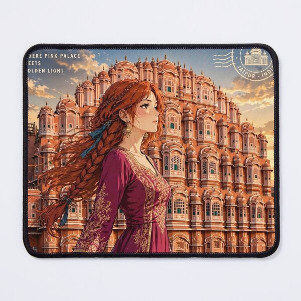 Item preview, India Jaipur Hawa Mahal with a Graceful Redhead Traveler in an Elegant Magenta Dress, Golden Architecture and Magical Indian Travel Scene designed and sold by DibujandoPorfa.