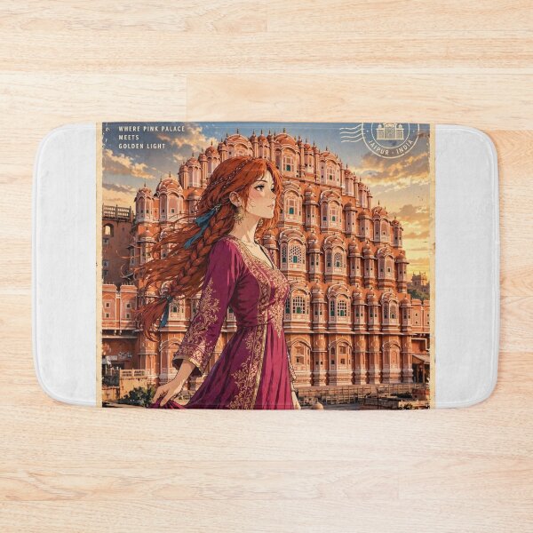 Item preview, India Jaipur Hawa Mahal with a Graceful Redhead Traveler in an Elegant Magenta Dress, Golden Architecture and Magical Indian Travel Scene designed and sold by DibujandoPorfa.