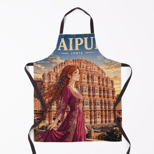 Item preview, India Jaipur Hawa Mahal with a Graceful Redhead Traveler in an Elegant Magenta Dress, Golden Architecture and Magical Indian Travel Scene designed and sold by DibujandoPorfa.