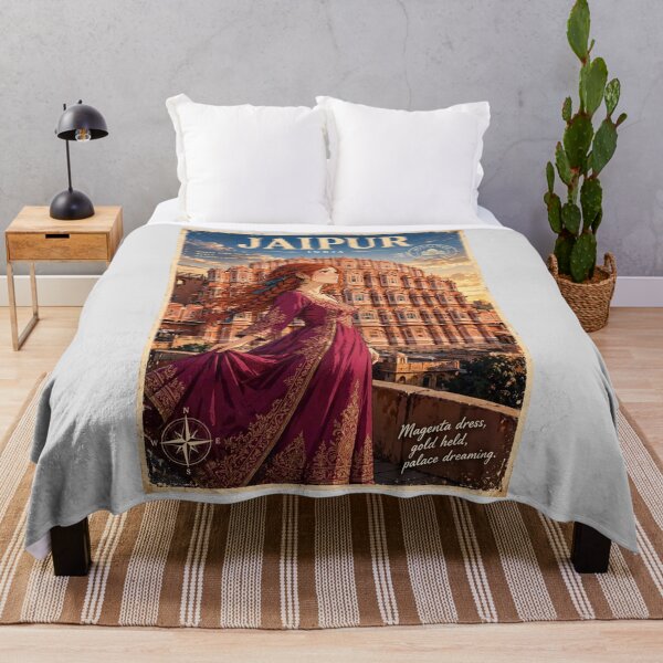Item preview, India Jaipur Hawa Mahal with a Graceful Redhead Traveler in an Elegant Magenta Dress, Golden Architecture and Magical Indian Travel Scene designed and sold by DibujandoPorfa.
