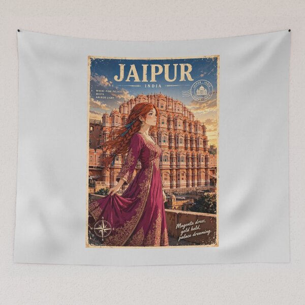 Item preview, India Jaipur Hawa Mahal with a Graceful Redhead Traveler in an Elegant Magenta Dress, Golden Architecture and Magical Indian Travel Scene designed and sold by DibujandoPorfa.